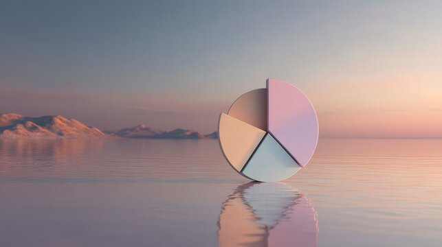 A 3D rendered pie chart floats on a reflective water surface, backed by mountain silhouettes and a gradient sunset sky - Powered by Adobe