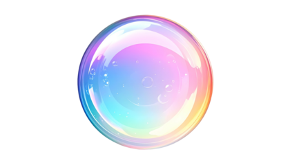A spherical bubble floats, iridescent hues dance on the surface against a stark black background