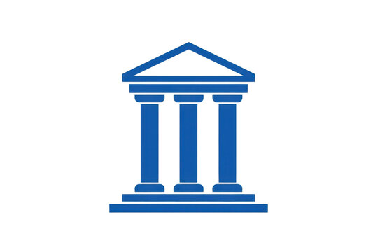 a simple flat 2D icon of an 'International Court of Justice' symbol, a building column or scales of justice representing the Hague ruling, minimalist design, solid blue and white colors