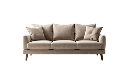 A neutral-toned, three-seater sofa with pillows sits against a stark black background