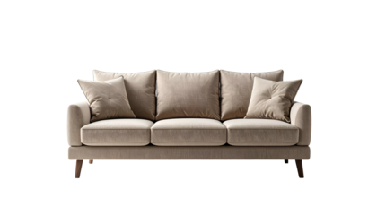 A neutral-toned, three-seater sofa with pillows sits against a stark black background