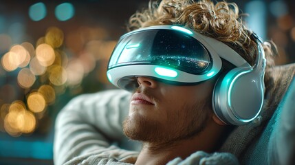 Person immersed in virtual reality experience.