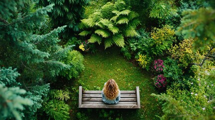 Woman sitting peacefully in a lush garden.