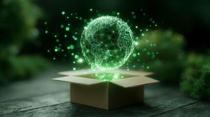 A glowing, digital representation of the Earth emerging from an open cardboard box against a blurred, verdant backdrop