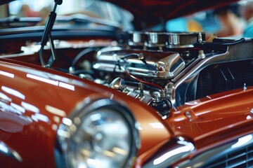 Classic car with open hood showing chrome engine parts in a garage