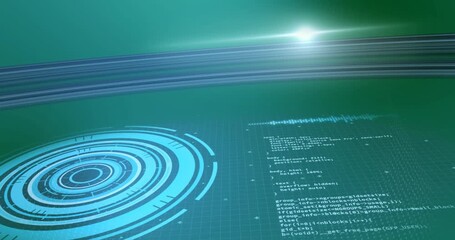 Spot of light and digital interface with round scanner and data processing against blue background - Powered by Adobe