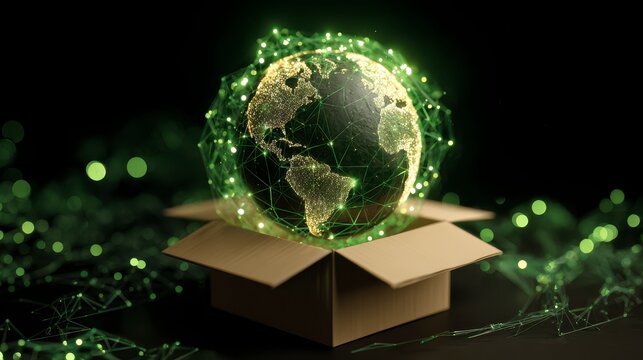 A globe representing Earth emerges from an open cardboard box, enveloped in a glowing green network. A dark background with bokeh - Powered by Adobe
