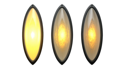 Three shields with glowing, textured centers and ornate black framing against a dark backdrop