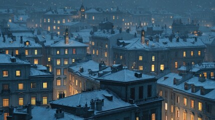 snowy rooftops with glowing golden windows,