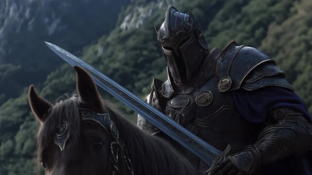 black armor knight on black horse back holding big sword looking at camera 