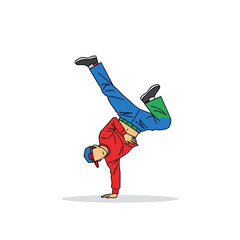 A young male breakdancer in a red hoodie performing a dynamic one-handed freeze move.