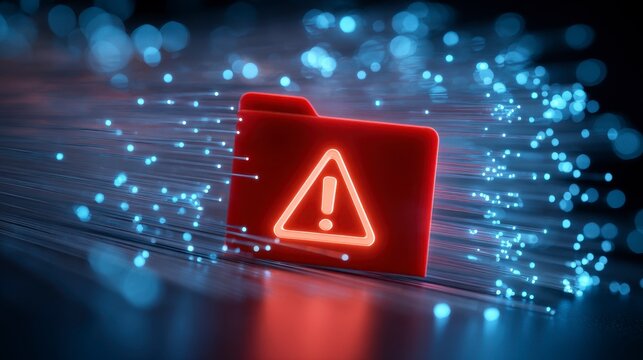 A red folder with an alert icon glows against a background of blurred blue fiber optic lights, creating a digital security concept