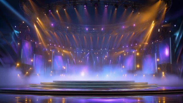 magic fantasy stage theme blank stage with colorful spotlights and smoke dreamy atmosphere