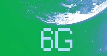 Animation of 6g digital text over spinning globe seen from space - Powered by Adobe