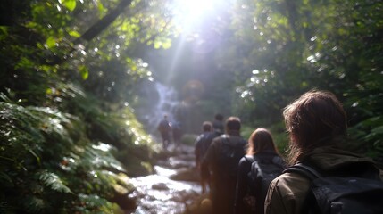 Hikers traverse a sunlit forest path leading to a cascading waterfall