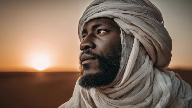 black Arabian man in dessert clothes at endless dessert with morning sunlight
