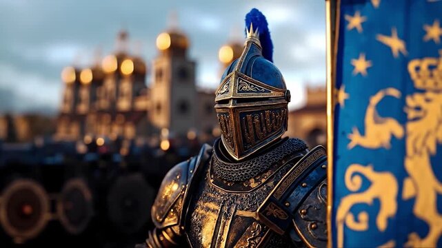 A man in armor holding a flag in front of a crowd of people