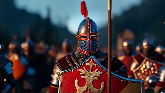 A close up of a knight wearing a helmet and holding a sword