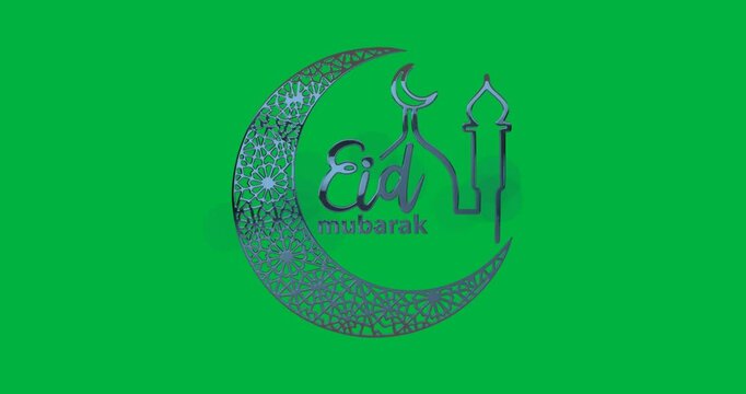 Animation of eid mubarak text with mosque and crescent moon on black background