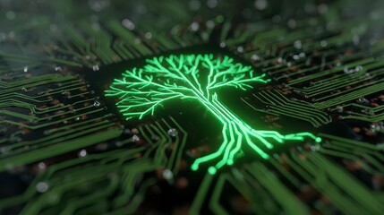 Close-up view of a circuit board depicting a glowing green tree, symbolizing nature's integration with technology. The design incorporates intricate details