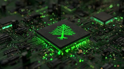 A close-up view of a circuit board illuminated with green light, featuring a tree design on the central processor. 49 keywords