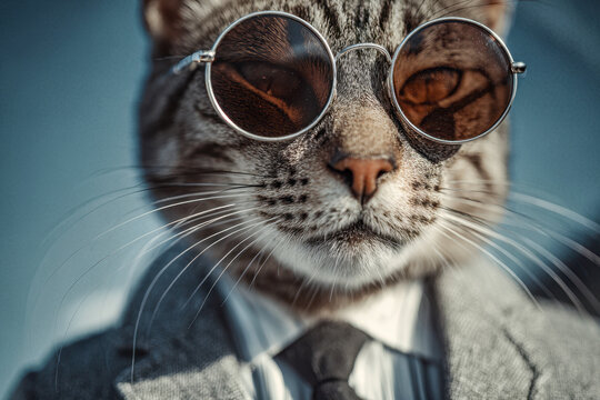 Stylish tabby cat wearing round tinted glasses and a formal suit with a tie, showcasing a sophisticated and confident feline persona outdoors