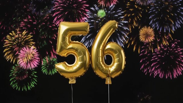 Gold balloon number 56 with fireworks in the background. Festive scene for birthday or anniversary party