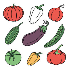 Colorful hand drawn vegetable collection, organic garden produce including red pumpkin, eggplant, green peas and peppers isolated on white