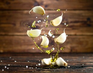 Garlic cloves floating in air with oil splashing on rustic wooden table