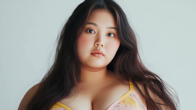 pretty overweight Asian woman confident in camisole 