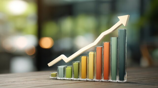 A 3D graph with ascending bars, representing growth and progress, set on a wooden surface with a blurred background - Powered by Adobe