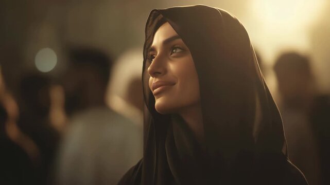 Pretty Arabian woman wearing a black robe, smiling softly in a dimly lit room. The low light and gentle expression create a calm, relaxed, and intimate mood, expressing elegance, serenity,