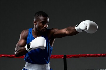 A determined boxer throws a punch in the ring, focused and ready for action. The boxer is wearing gloves, a tank top, and is in fighting mode