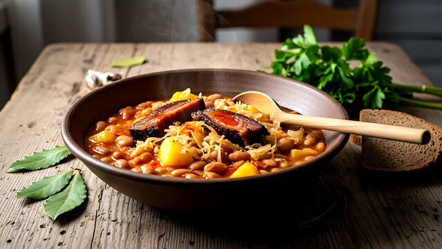 Still life, Rustic farmhouse. Slovenian jota (bean and sauerkraut stew) with smoked ribs and potatoes, served in a deep earthenware bowl with a wooden spoon 
