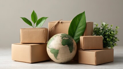 Eco-friendly packaging concept with cardboard boxes, a globe, and green plants symbolizing sustainability. Natural, environment focused