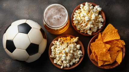 A soccer ball with a frothy glass of beer, bowls of popcorn, and a wooden bowl filled with triangular corn chips on a rustic surface for game day snacks