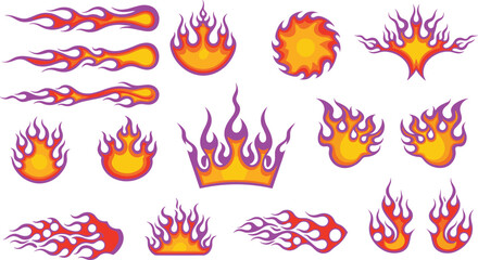 Flame PURPLE icon vector, stylized fire shapes, red orange yellow designs, motion trail effects, tattoo graphic pack, stock illustration.