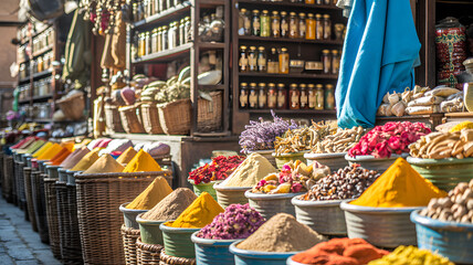 Colorful spice market with traditional food stalls and vibrant ingredients
