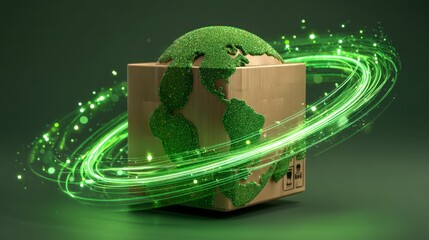 A conceptual image shows a cardboard box topped with a grassy globe, encircled by dynamic green energy streaks, on a rich, green background