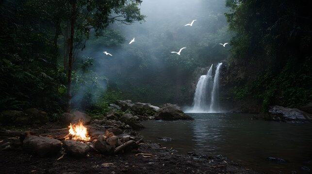 A serene forest scene featuring a cascading waterfall a glowing campfire and birds flying through the misty atmosphere