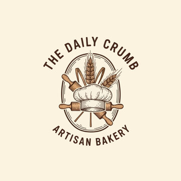Elegant artisan bakery logo featuring wheat grains and rolling pin design for