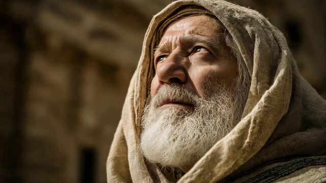 Close-up face portrait of a senior Pharisee man inside a temple, showing age, wisdom, and solemn expression. The scene conveys ancient religious tradition, contemplation, and historical atmosphere