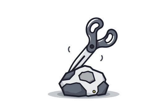 a simple flat 2D icon of 'scissors cutting a rock', scissors slicing through a stone effortlessly, minimalist design, solid silver and gray colors, clean sharp lines, no shadows