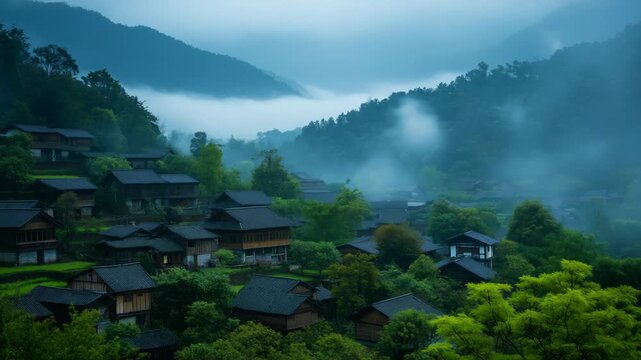 beautiful ancient village of rural countryside in Japan surround with green lush woodland and white cloud 