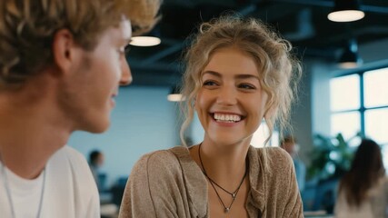 Woman and man office workers smiling and talking together in a modern office environment. The relaxed and friendly mood reflects positive workplace culture, teamwork, communication