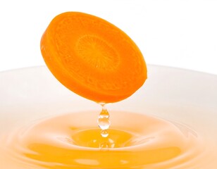 Juicy orange slice dropping into vibrant orange liquid