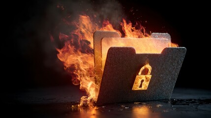 A burning metallic folder with a lock icon engulfed in flames against a black background. Emphasizing data security risk