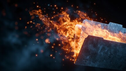Digital image depicts a file folder engulfed in flames, implying data destruction or corruption. Smoke and sparks create a dramatic visual effect