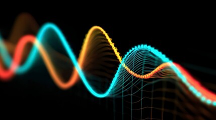 Glowing, abstract lines with varying colors against a black backdrop. A grid is subtly present in the background