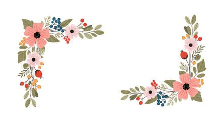 A set of two beautiful floral corner arrangements with pink flowers berries and green leaves for creating elegant borders and frames.
